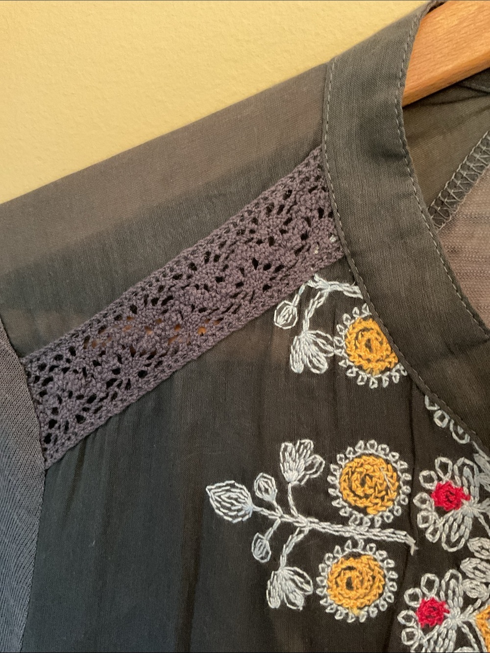 Anthropologie TINY Embroidered Black and Gray Silk Blend Boho V-neck Blouse - Picture 6 of 11